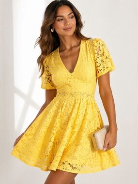 Prabal Gurung JCPenney iMPOWER Lace Puff Sleeve Dress 18 NWT Yellow Fit Flare